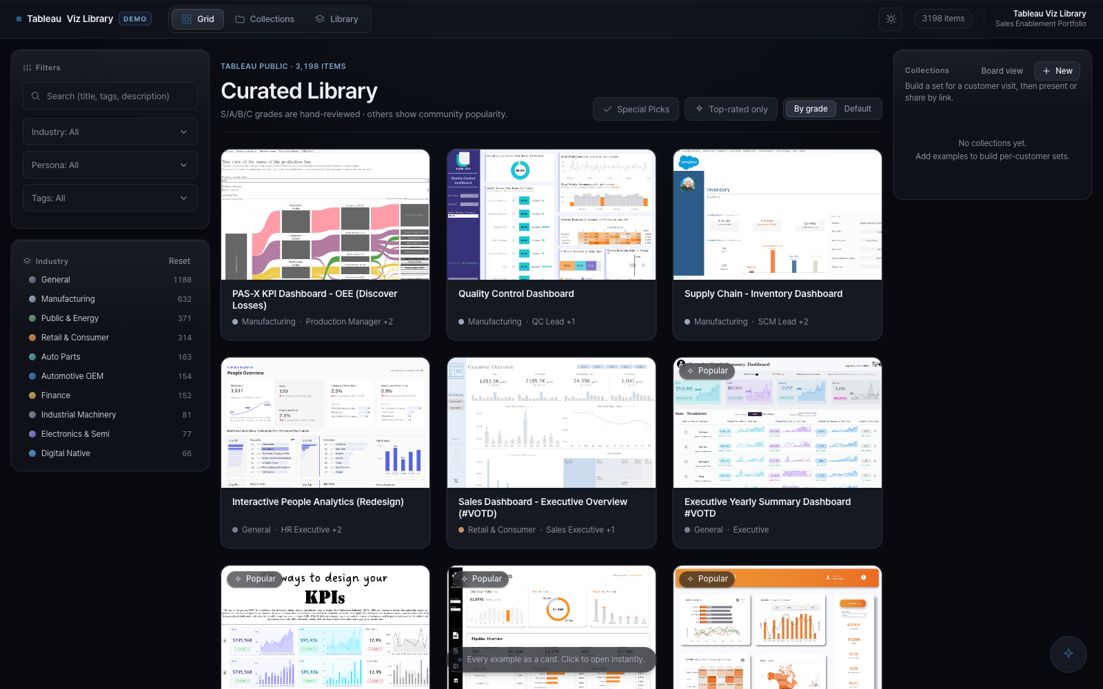Tableau Viz Library explorer: 3,198 curated public vizzes with industry and persona filters